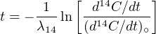          [          ]
t = --1-ln  -d14C-∕dt--
     λ14    (d14C∕dt)∘
