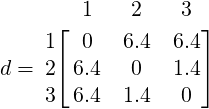  ⌊  1   2    3 ⌋
    1   0   6.4  6.4
d = 2⌈ 6.4   0   1.4⌉
    3  6.4   1.4   0
 