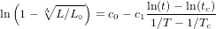   (   ∘Λ-----)        ln(t) - ln(tc)
ln  1-   L ∕L∘ = c0 - c1-1∕T---1∕T
                                c
